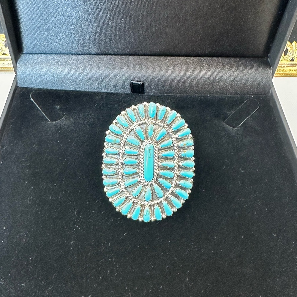 Navajo Native American Needlepoint Turquoise Ring, Sz 7.25-7.5,925 Silver,Signed - Picture 3 of 8